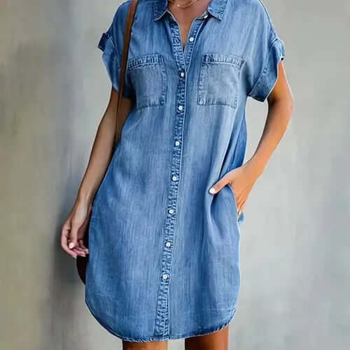 Amelia – Casual Denim Skjortekjole med Lommer-Clothing-Lundbutik-Lyseblå-S-Lund Butik