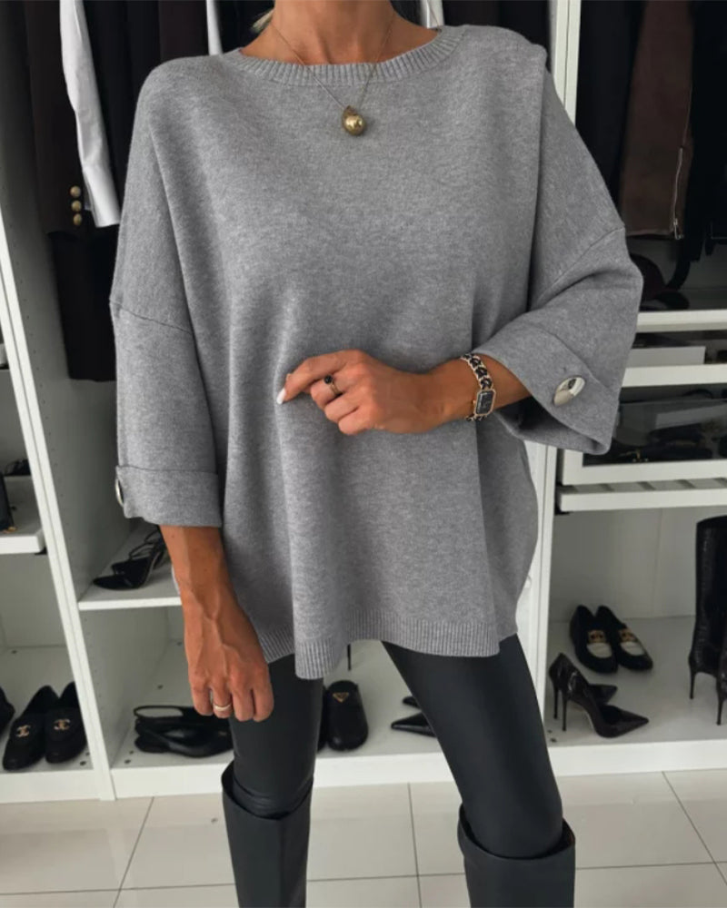 Leni - Casual strikbluse med rund hals langt ærme og knapper Lundbutik