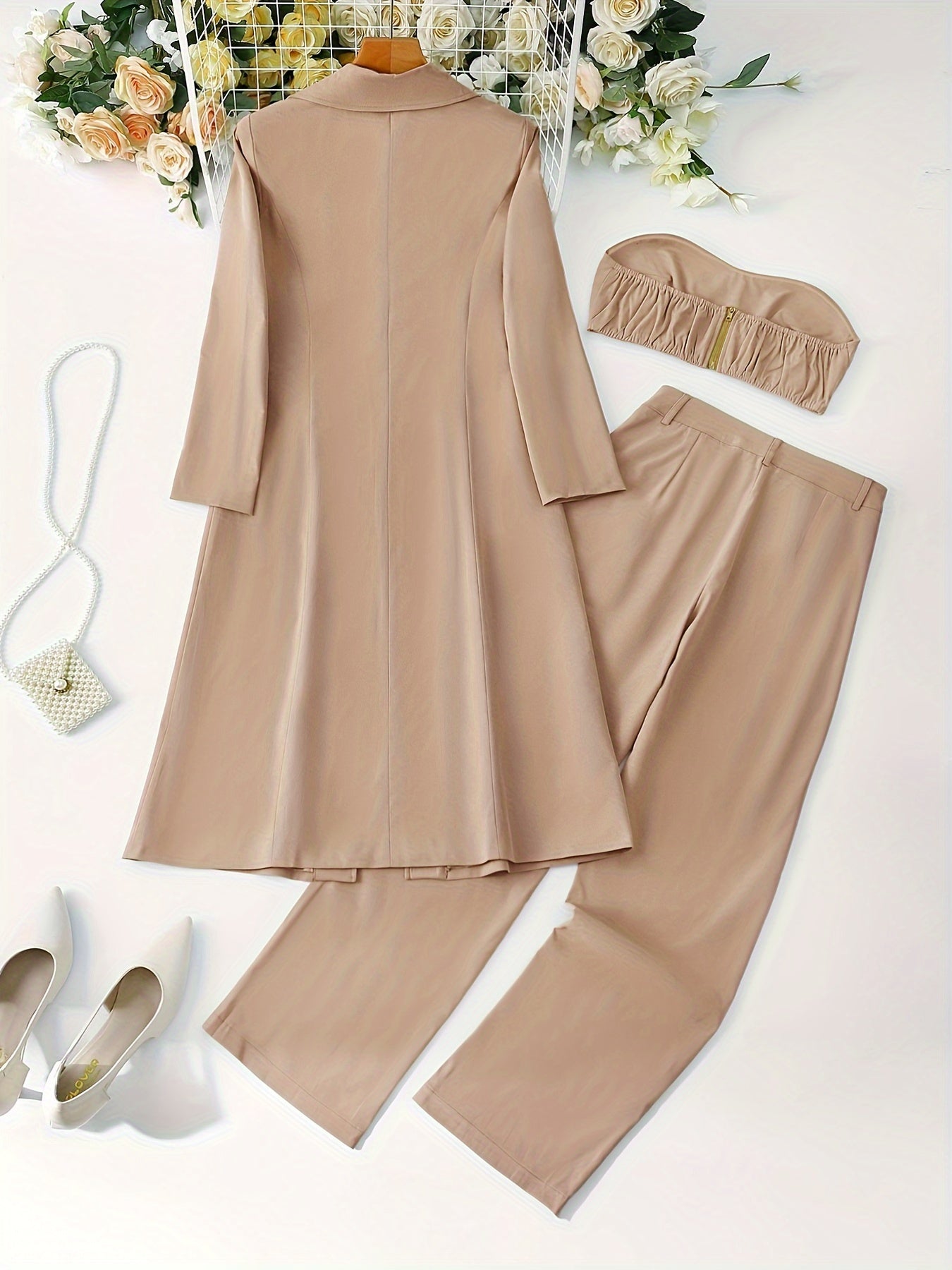 Liana – Blomstermønster 3-delt sæt med langærmet trenchcoat bukser og bandeau-top Lundbutik