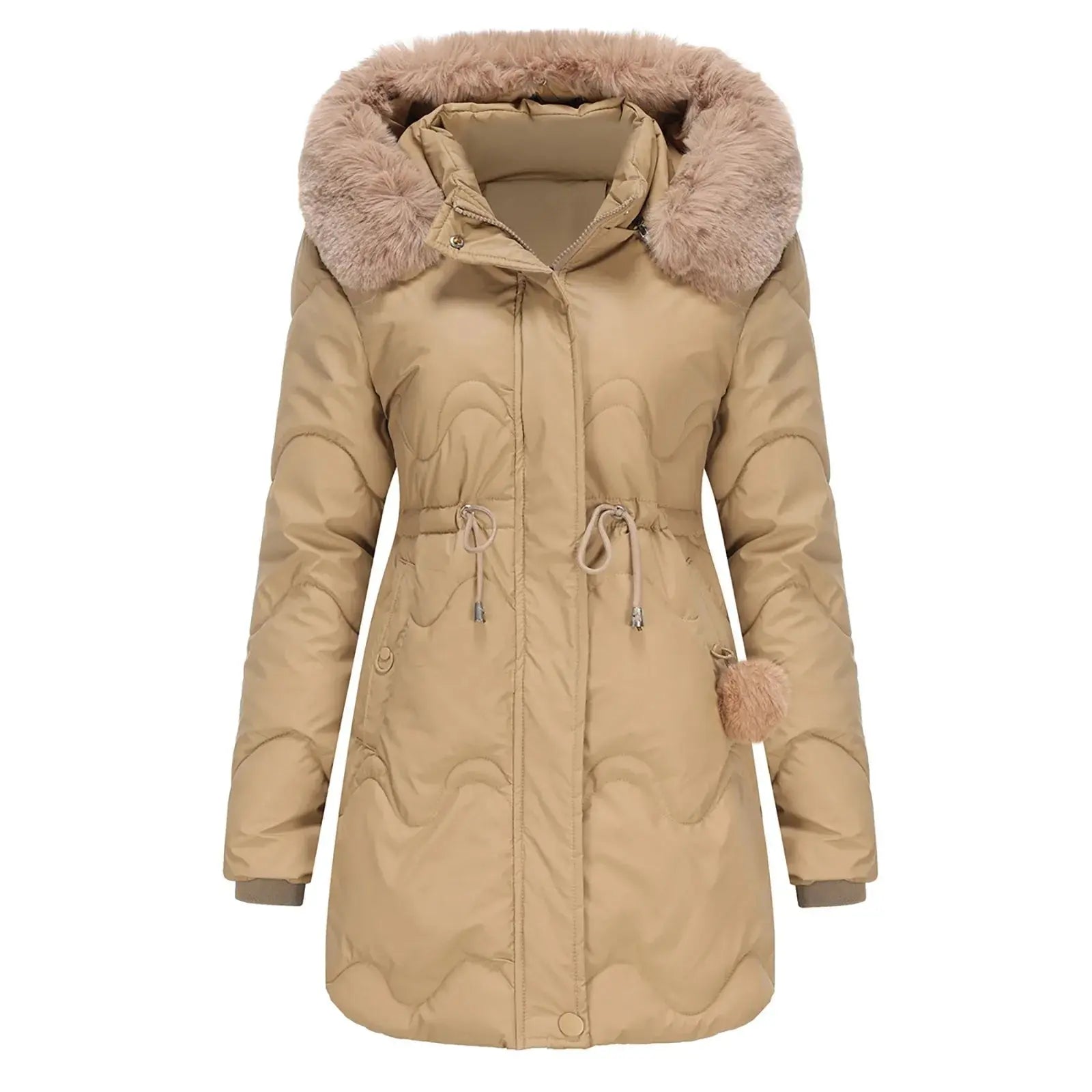 Hanne - Langærmet pels Frakke med hætte lynlås og lommer-Jackets-Lundbutik-Khaki-XS-Lund Butik