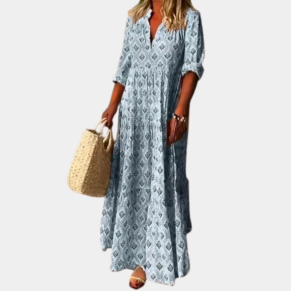 Luisa - Moderigtig løs kjole med V hals og lange ærmer Lundbutik