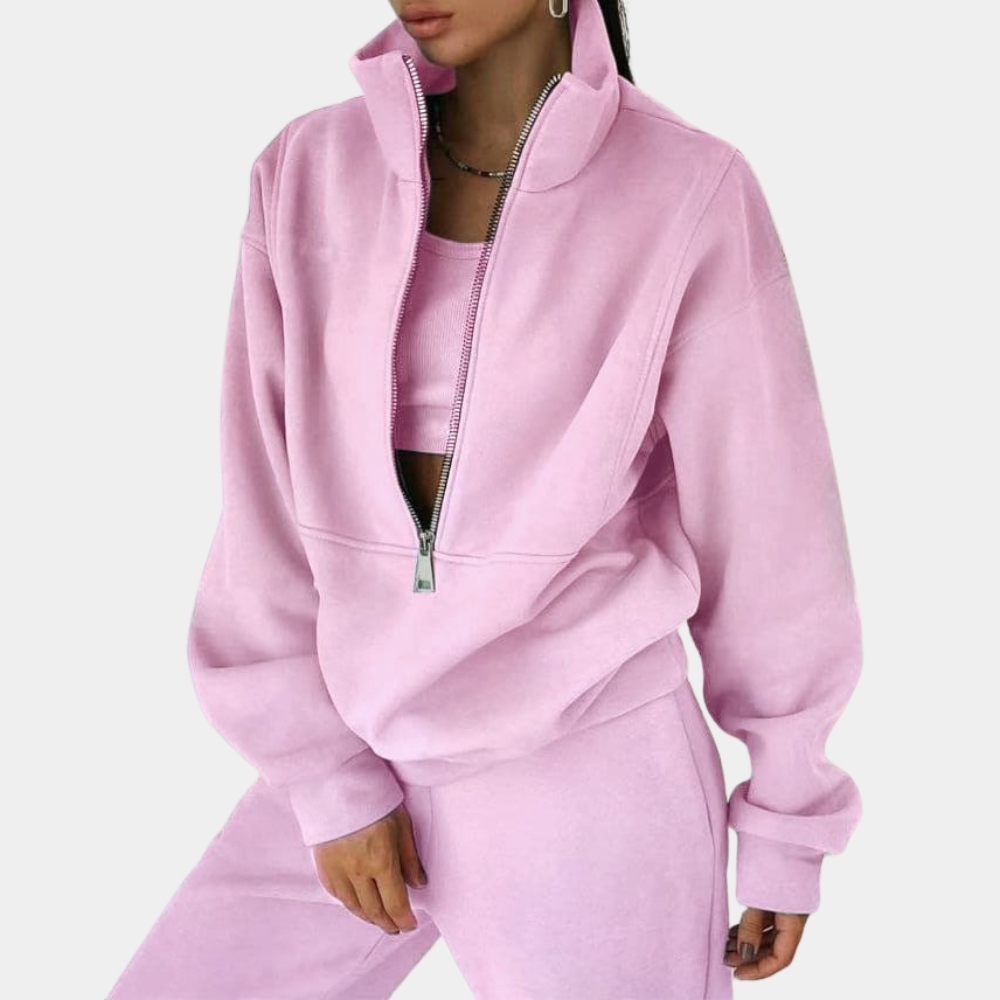 Selma - Langærmet sweatshirt med lynlås og højtaljede bukser todelt sæt Lundbutik