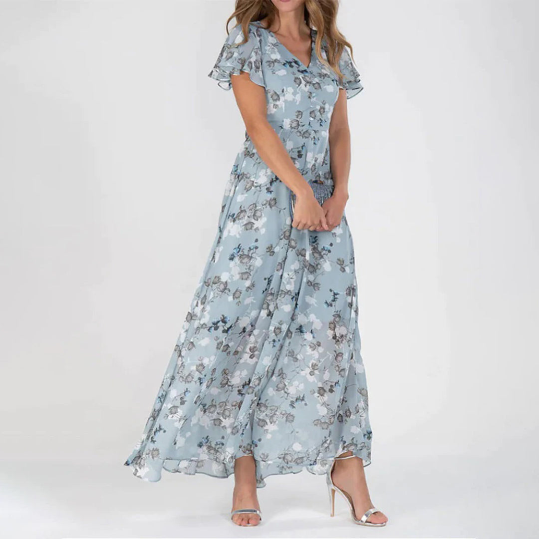 Sabine - Casual lang kjole med blomsterprint og V hals Lundbutik