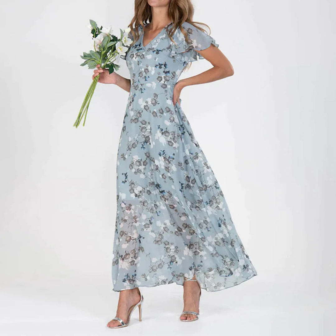 Sabine - Casual lang kjole med blomsterprint og V hals Lundbutik