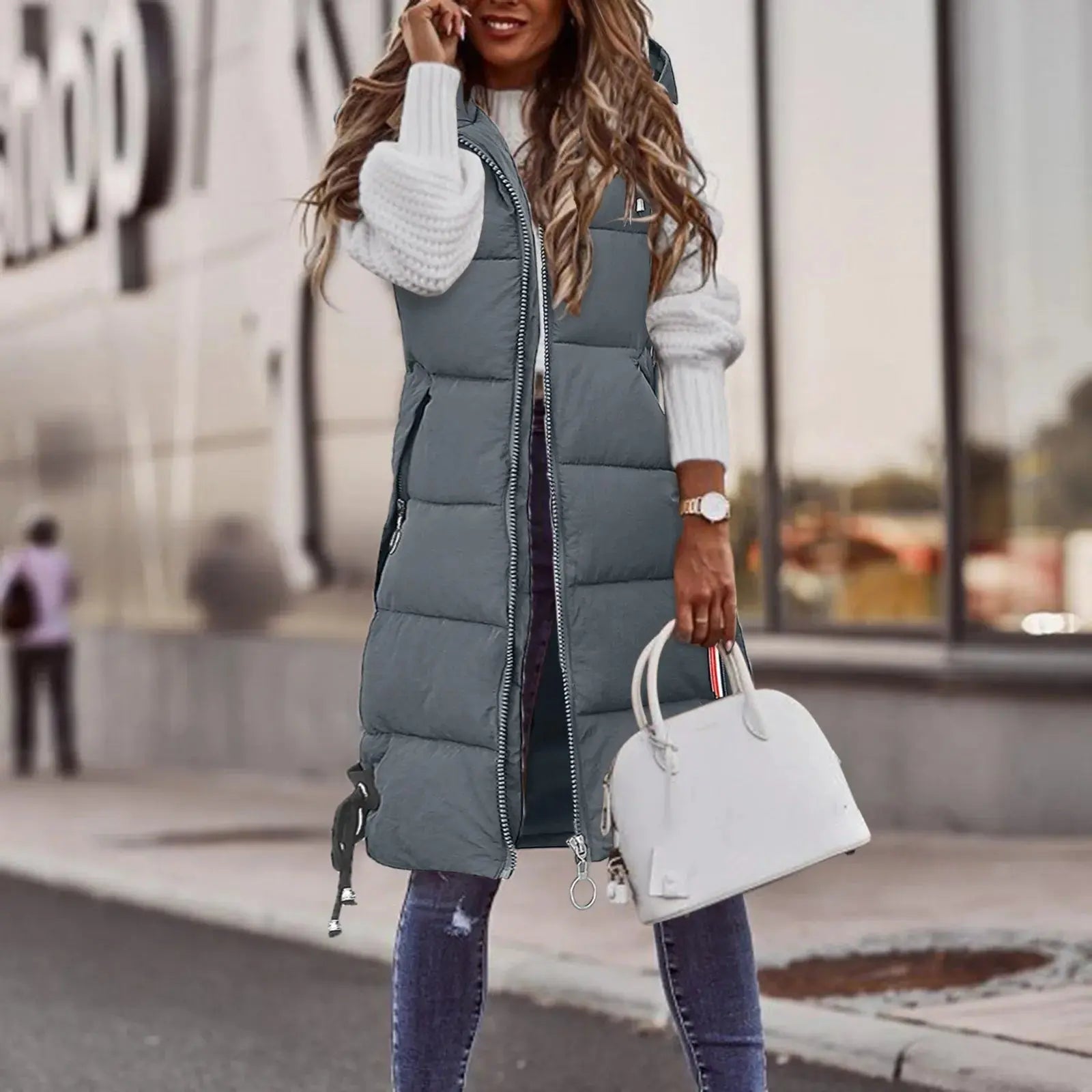 Bente - Hættejakke uden ærmer med lynlås og lynlåslommer-Jackets-Lundbutik-Grå-M-Lund Butik