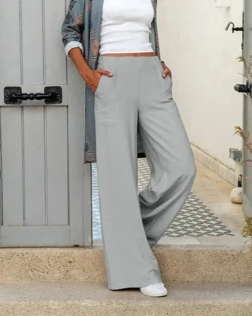 Bella - Afslappet elastik i taljen Bukser med brede ben og lommer-Pants-Lundbutik-Grå-S-Lund Butik