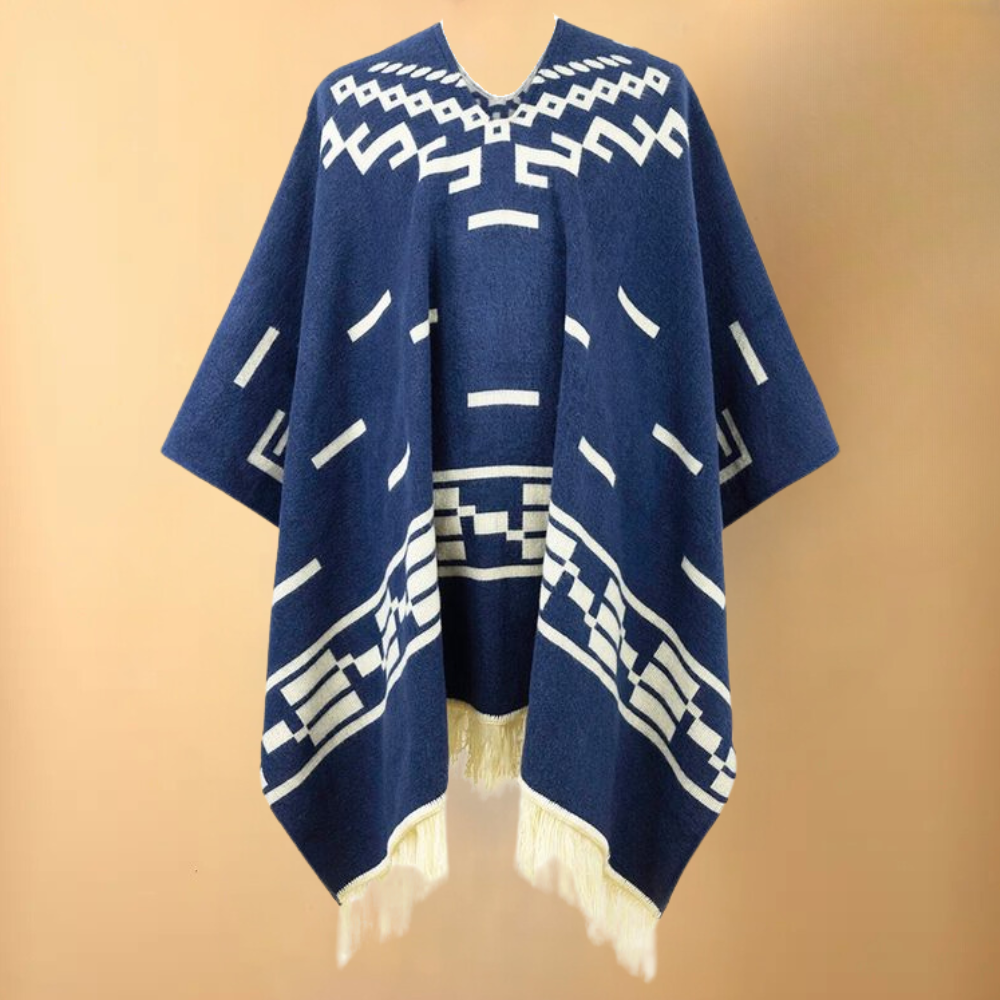 Aiden – Stilfuld poncho med V-udskæring med geometriske mønstre Lundbutik