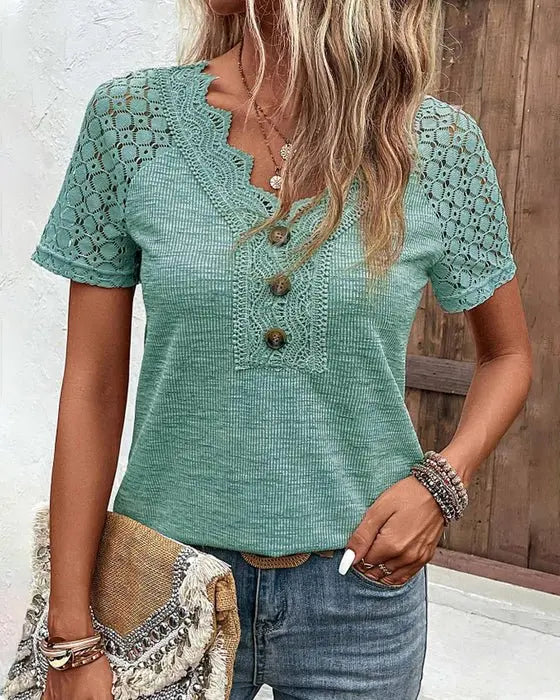 Wilda - Kortærmet Blonde-T-shirt-T-shirts-Lundbutik-Grøn-S-Lund Butik
