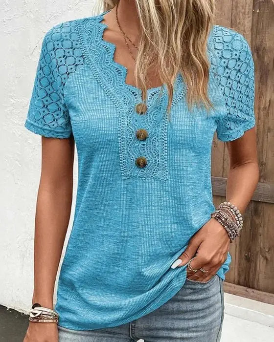 Wilda - Kortærmet Blonde-T-shirt-T-shirts-Lundbutik-Blå-S-Lund Butik