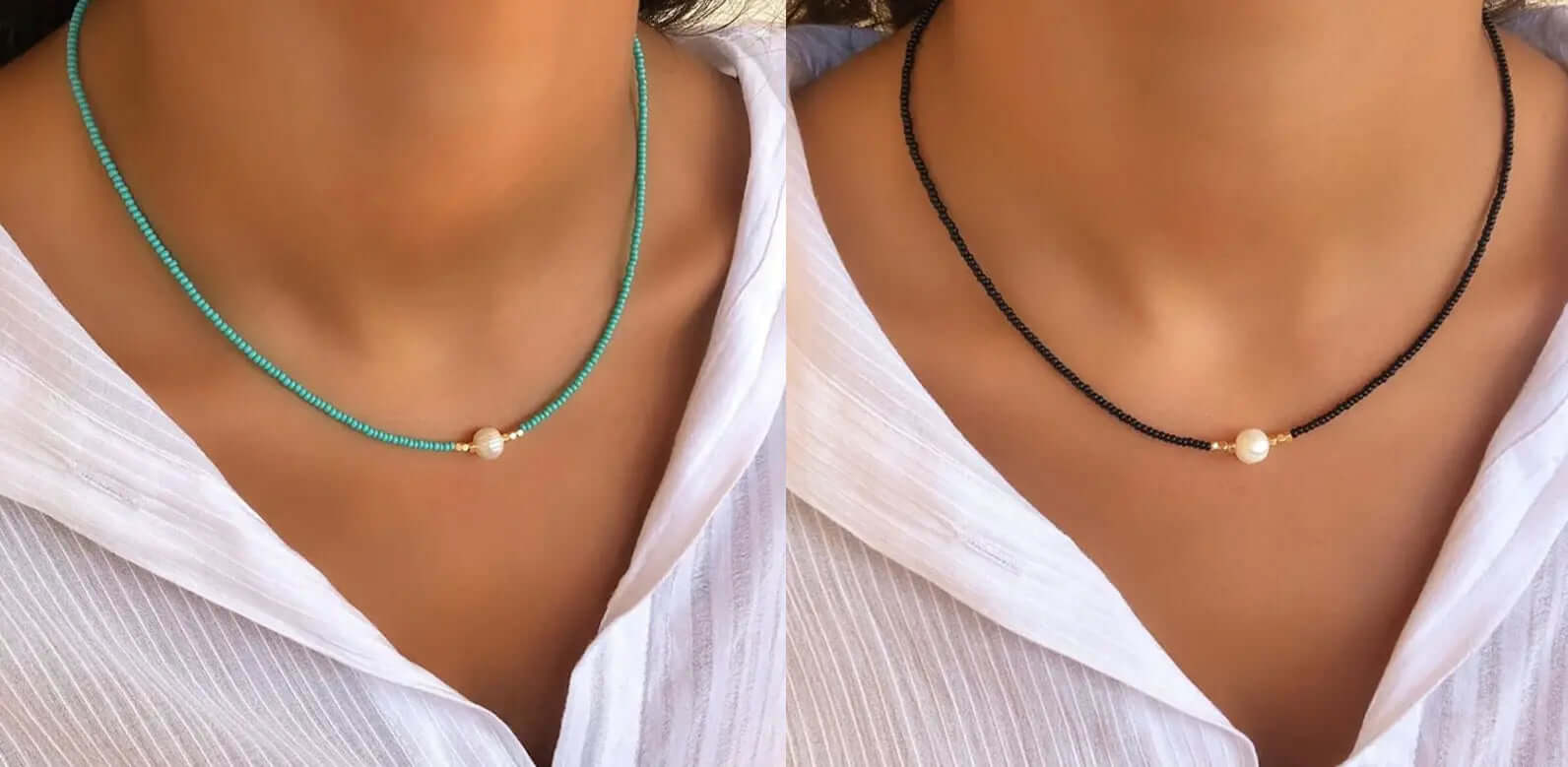 LuxePearl - Elegant halskæde med central perle for tidløs sofistikering og stil-Jewellery-Lundbutik-Turkis + Sort (1+1 gratis)-Lund Butik