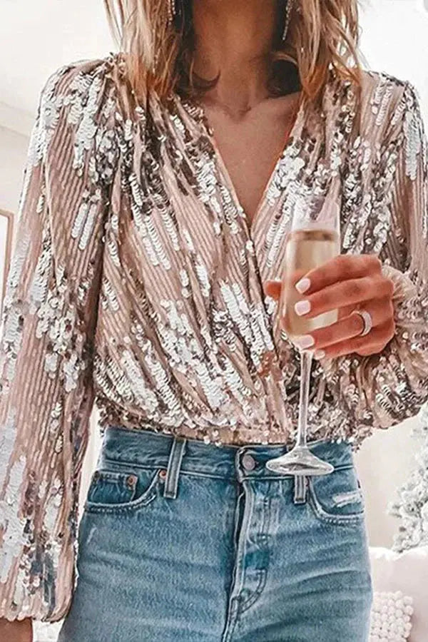 Amalie - Moderigtig pailletbluse med V hals og lange ærmer-Blouses-Lundbutik-Lund Butik