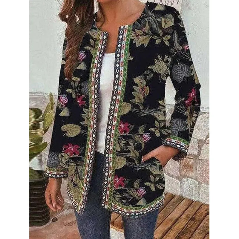 Camilla - Jakke med blomsterprint lange ærmer og lommer-Jackets-Lundbutik-Sort-S-Lund Butik