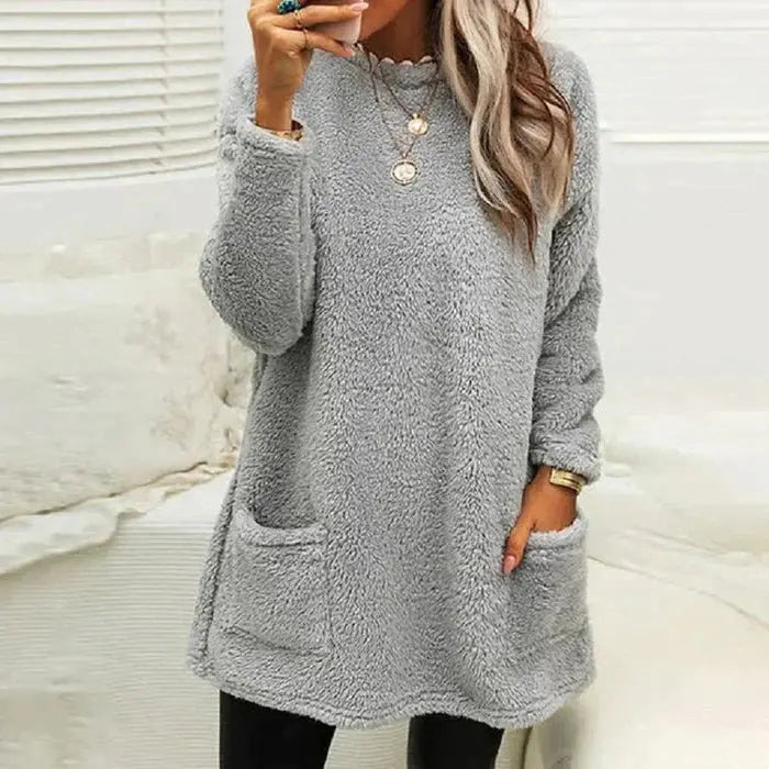 Emma - Casual lang fleecetrøje med rund hals og lommer-Sweaters-Lundbutik-Lund Butik
