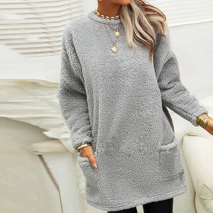 Emma - Casual lang fleecetrøje med rund hals og lommer-Sweaters-Lundbutik-Lund Butik