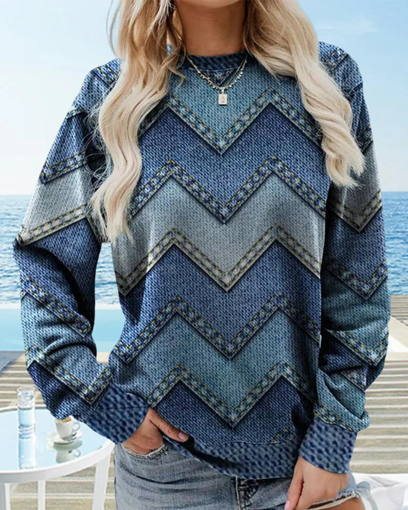 Ebba - Sweatshirt med rund hals og geometrisk mønster og langt ærme-Sweaters-Lundbutik-Blå-S-Lund Butik