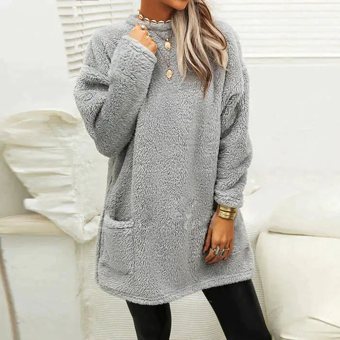 Emma - Casual lang fleecetrøje med rund hals og lommer-Sweaters-Lundbutik-Grå-S-Lund Butik