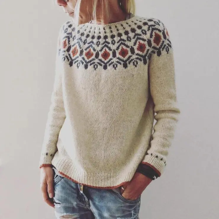 Alma - Casual trøje med rund hals og unikke mønstre med lange ærmer-Sweaters-Lundbutik-Beige-S-Lund Butik