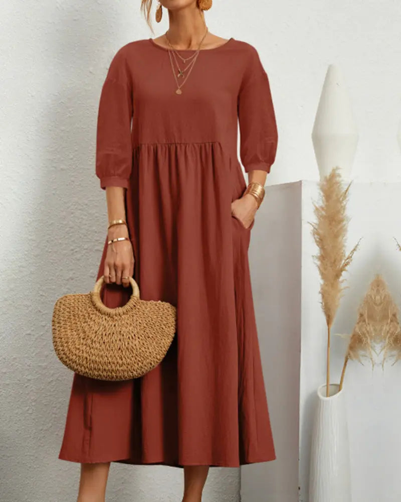 Doris - Løs midikjole med rund hals og halve ærmer-Dresses-Lundbutik-Orange-S-Lund Butik