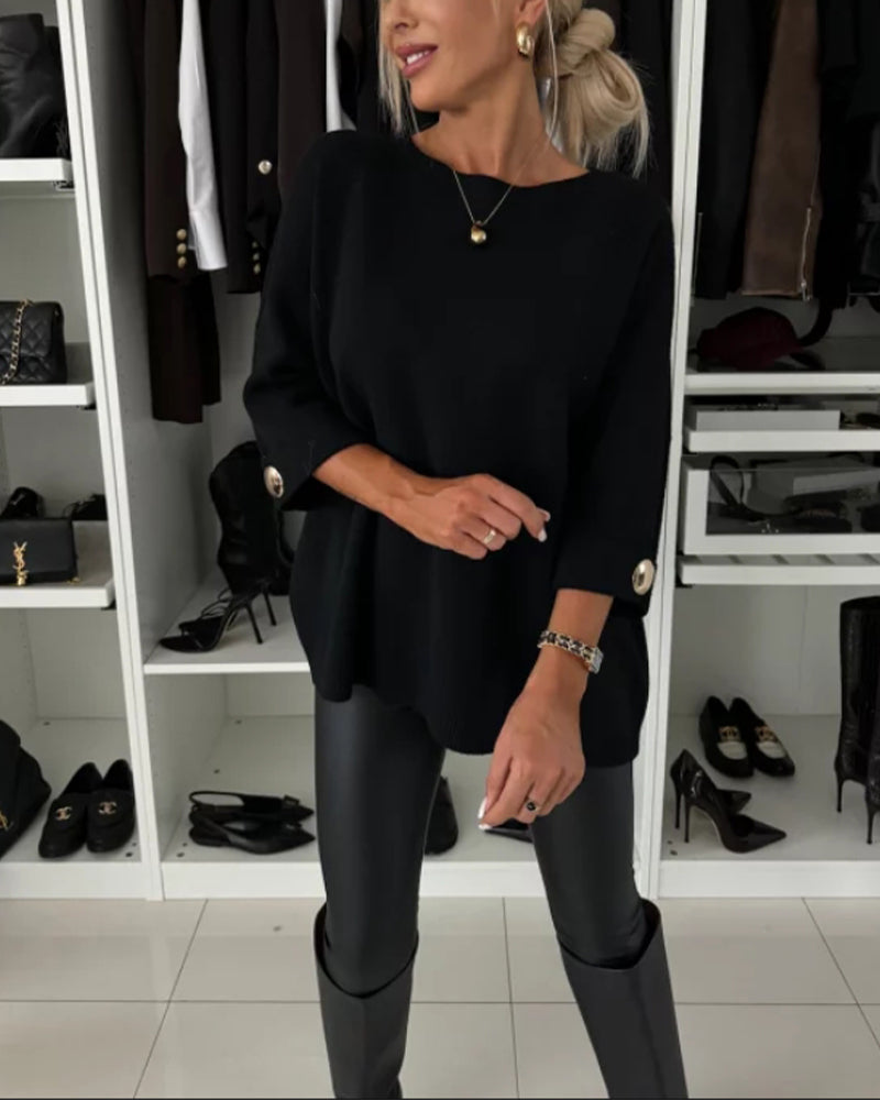 Leni - Casual strikbluse med rund hals langt ærme og knapper Lundbutik