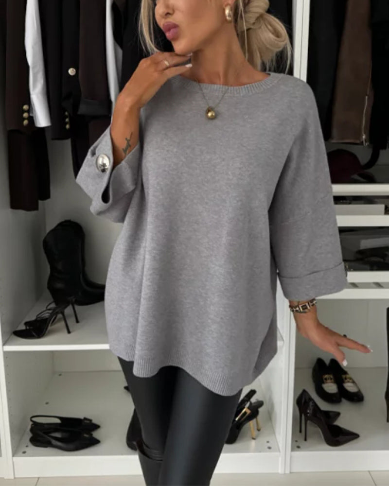 Leni - Casual strikbluse med rund hals langt ærme og knapper Lundbutik