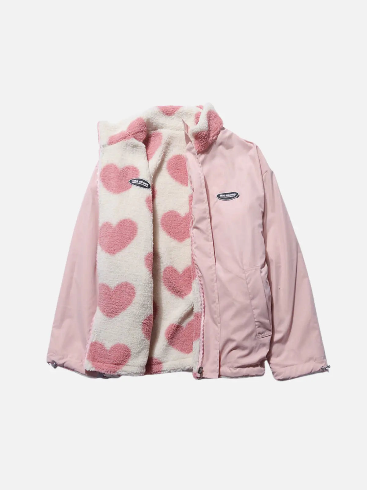 Bente - Dobbeltsidet fleecejakke med hjerteprint og lynlås-Jackets-Lundbutik-Lyserød-S-Lund Butik