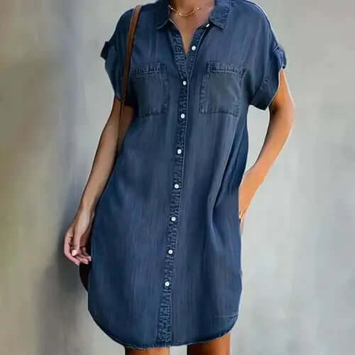 Amelia – Casual Denim Skjortekjole med Lommer-Clothing-Lundbutik-Blå-S-Lund Butik