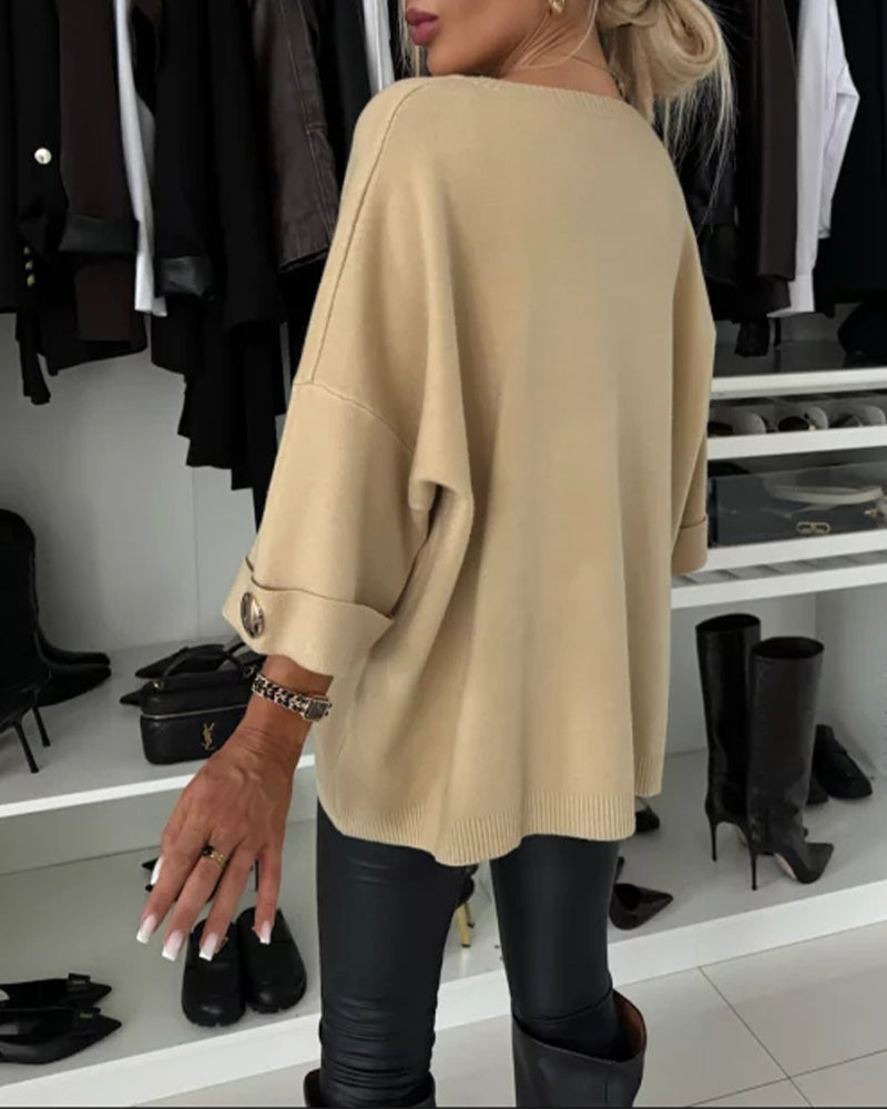 Leni - Casual strikbluse med rund hals langt ærme og knapper Lundbutik