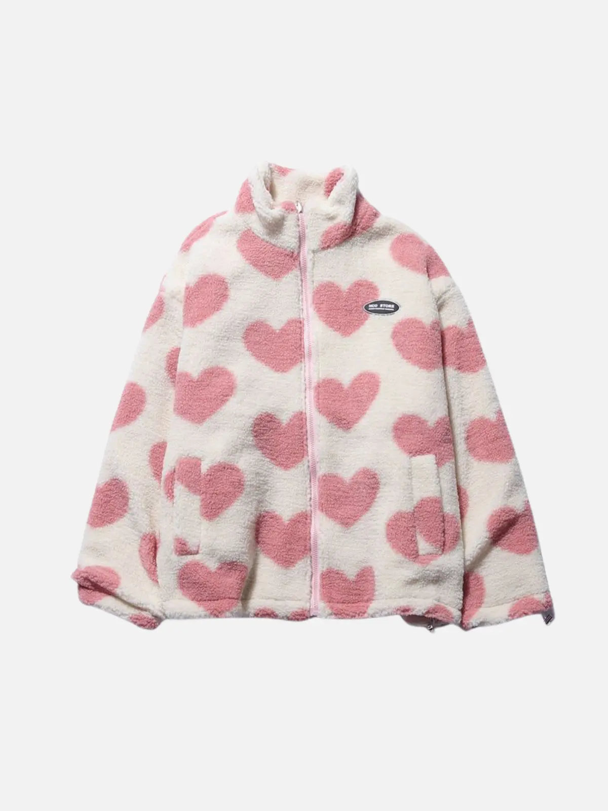 Bente - Dobbeltsidet fleecejakke med hjerteprint og lynlås-Jackets-Lundbutik-Lund Butik