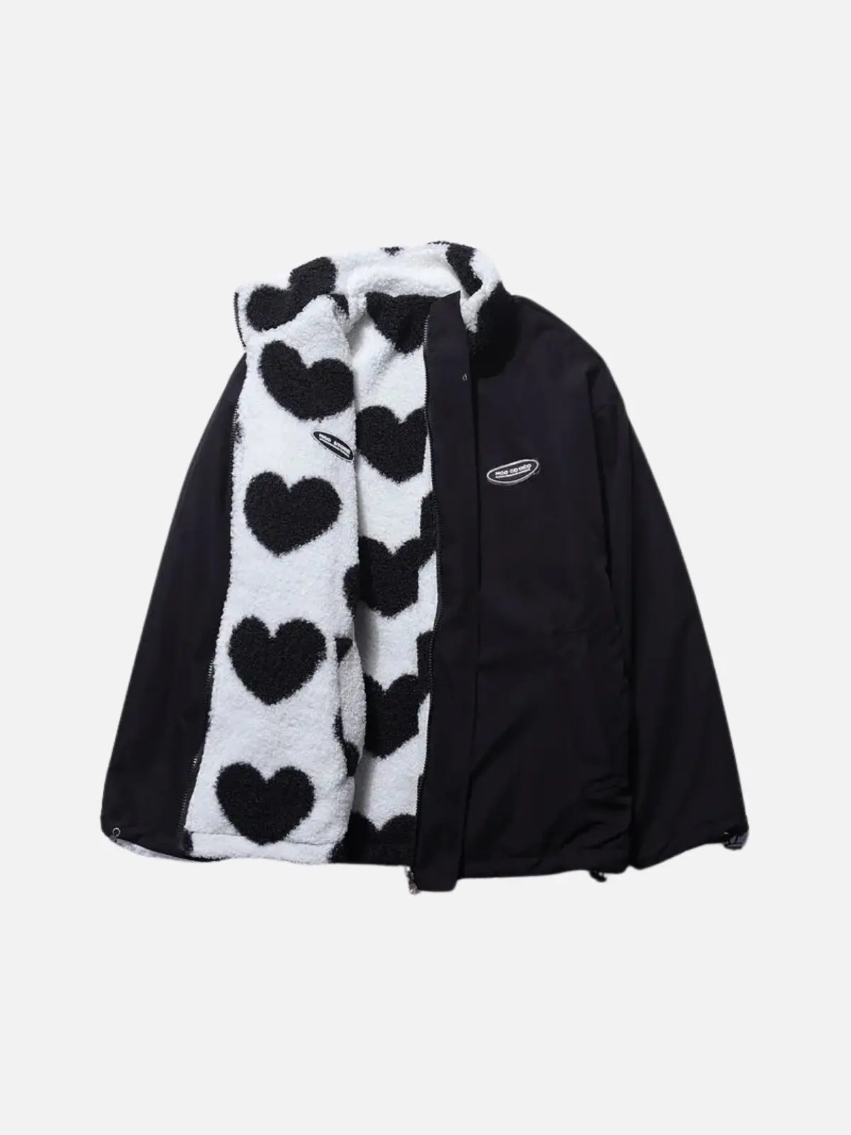 Bente - Dobbeltsidet fleecejakke med hjerteprint og lynlås-Jackets-Lundbutik-Sort-S-Lund Butik