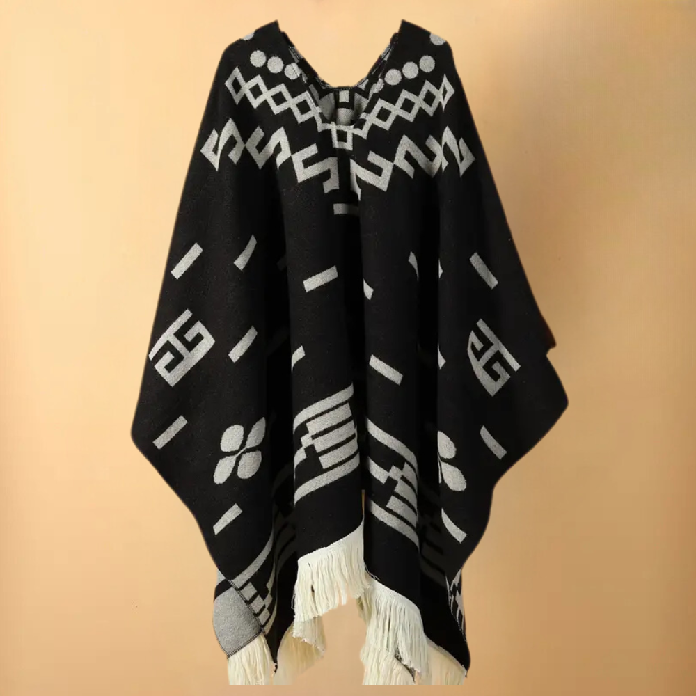 Aiden – Stilfuld poncho med V-udskæring med geometriske mønstre Lundbutik
