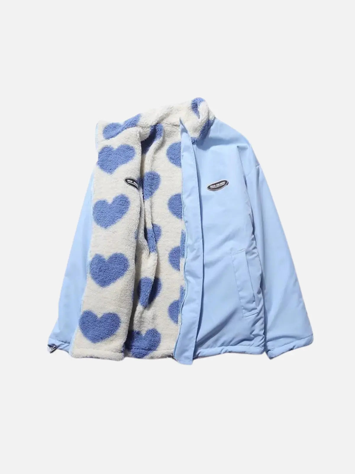 Bente - Dobbeltsidet fleecejakke med hjerteprint og lynlås-Jackets-Lundbutik-Blå-S-Lund Butik