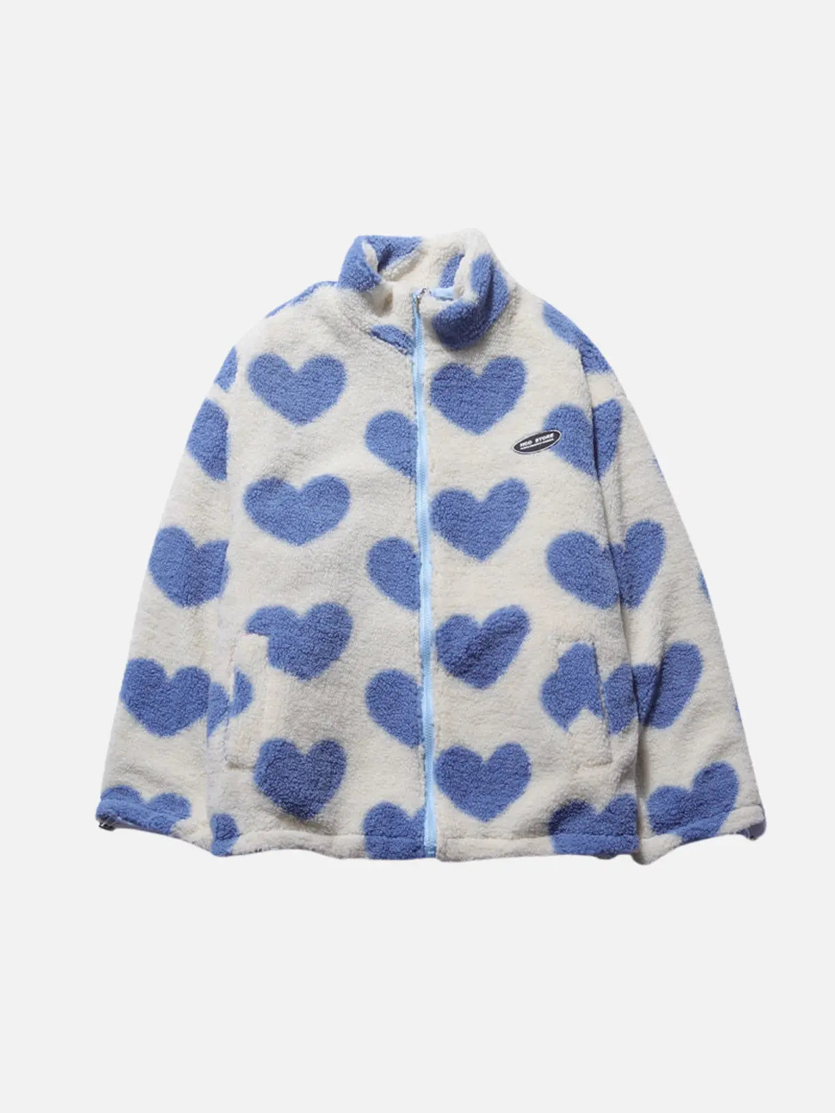 Bente - Dobbeltsidet fleecejakke med hjerteprint og lynlås-Jackets-Lundbutik-Lund Butik
