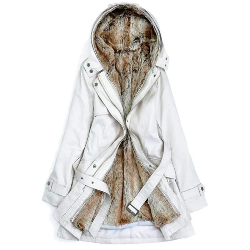 Bodil - Langærmet pelsforet hættejakke med lynlås-Jackets-Lundbutik-Hvid-S-Lund Butik