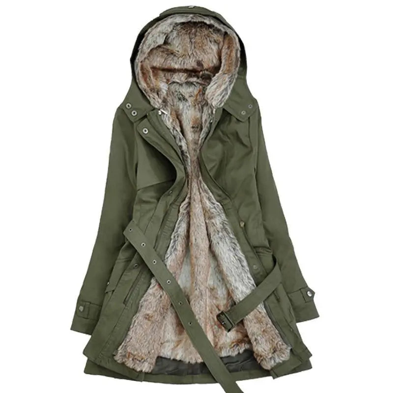 Bodil - Langærmet pelsforet hættejakke med lynlås-Jackets-Lundbutik-Olivengrøn-S-Lund Butik