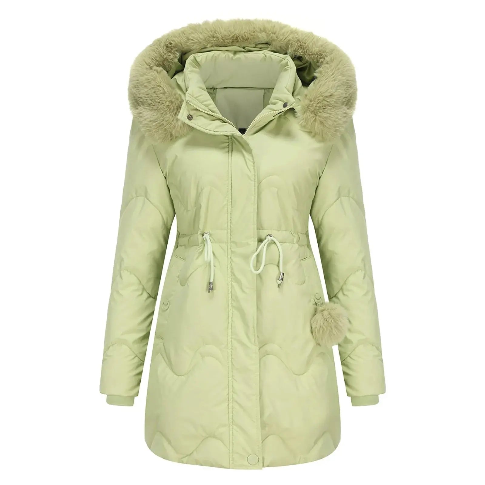Hanne - Langærmet pels Frakke med hætte lynlås og lommer-Jackets-Lundbutik-Grøn-XS-Lund Butik