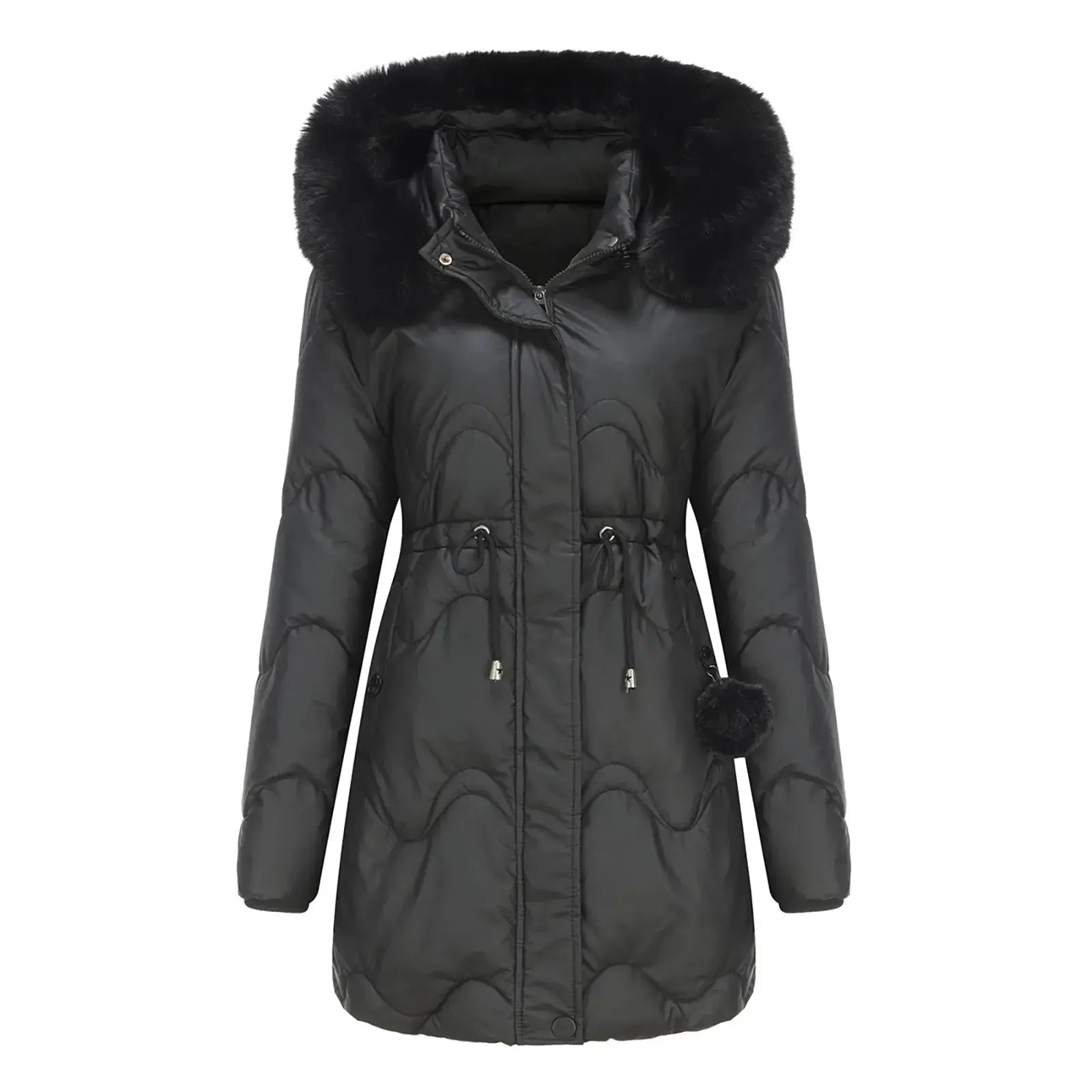 Hanne - Langærmet pels Frakke med hætte lynlås og lommer-Jackets-Lundbutik-Sort-XS-Lund Butik