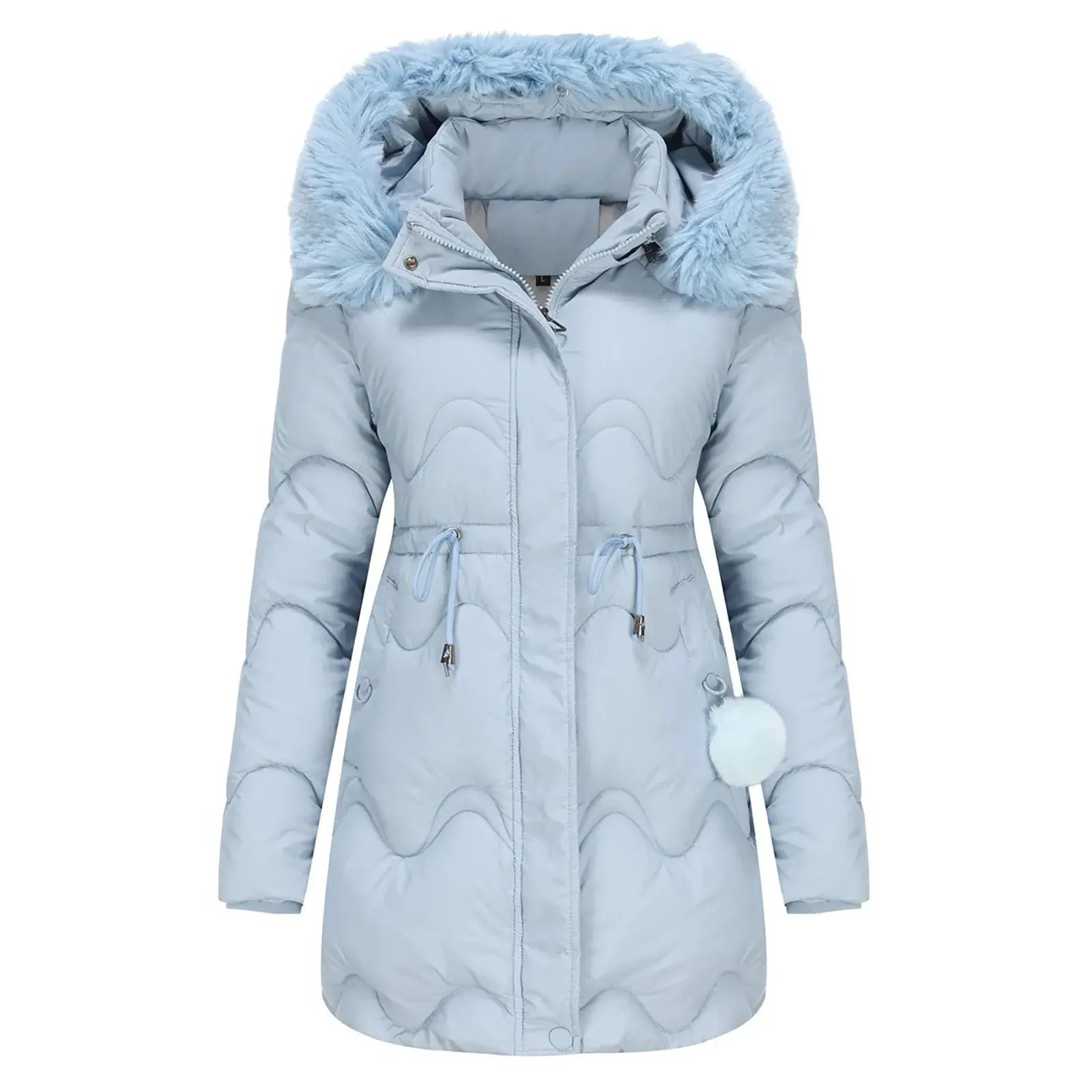Hanne - Langærmet pels Frakke med hætte lynlås og lommer-Jackets-Lundbutik-Blå-XS-Lund Butik