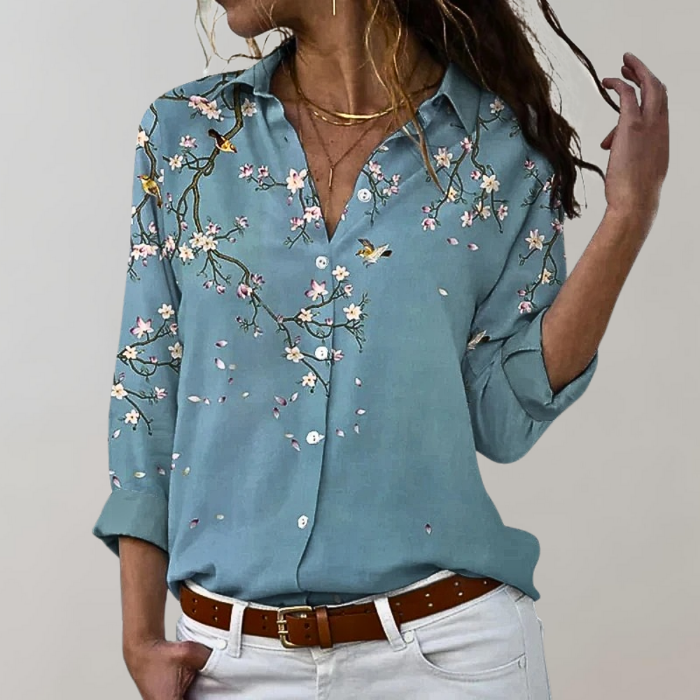 Steffi - Moderigtig bluse med blomsterprint langt ærme og knapper Lundbutik