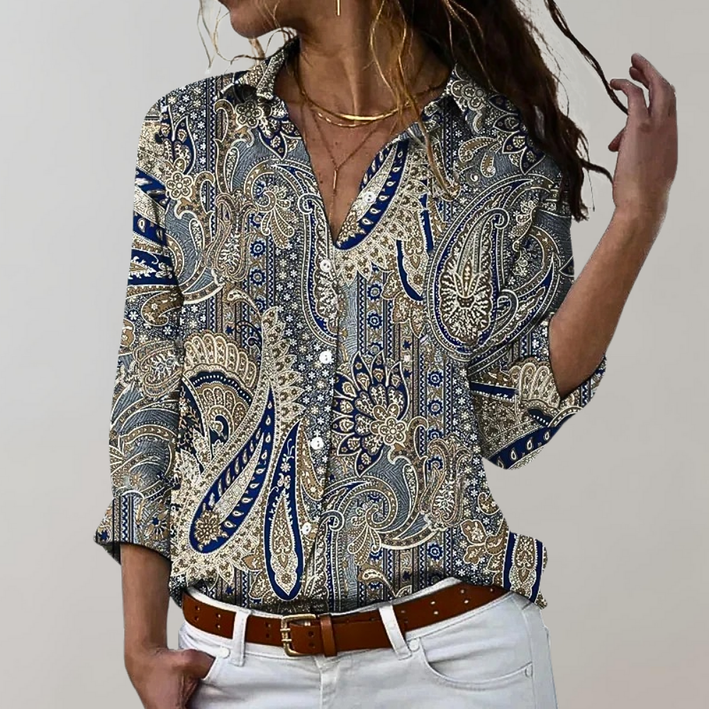Steffi - Moderigtig bluse med blomsterprint langt ærme og knapper Lundbutik