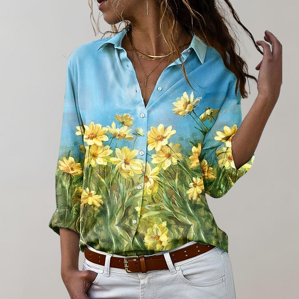 Steffi - Moderigtig bluse med blomsterprint langt ærme og knapper Lundbutik