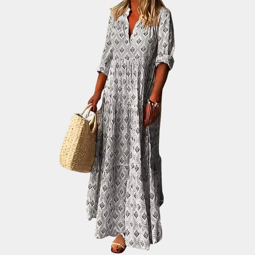 Luisa - Moderigtig løs kjole med V hals og lange ærmer Lundbutik