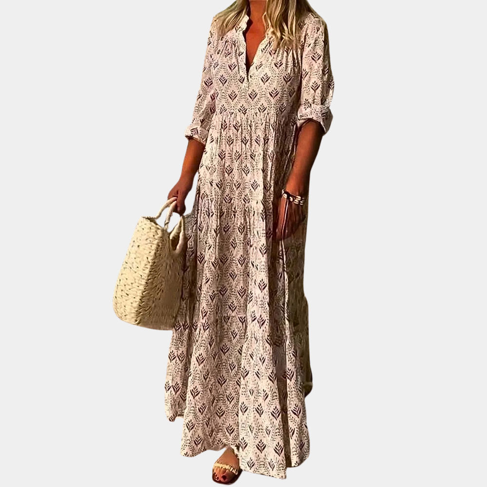 Luisa - Moderigtig løs kjole med V hals og lange ærmer Lundbutik