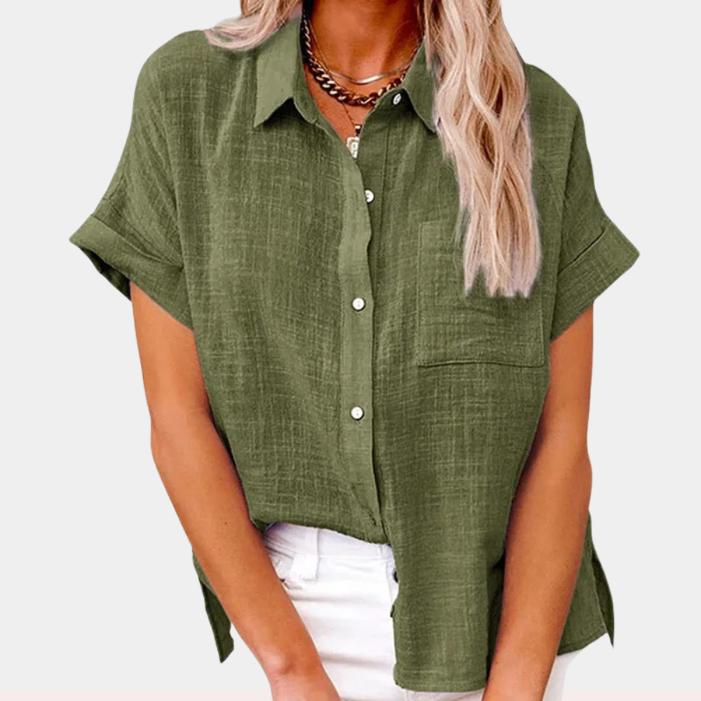 Monika - Løs pasform bluse med korte ærmer og knapper Lundbutik
