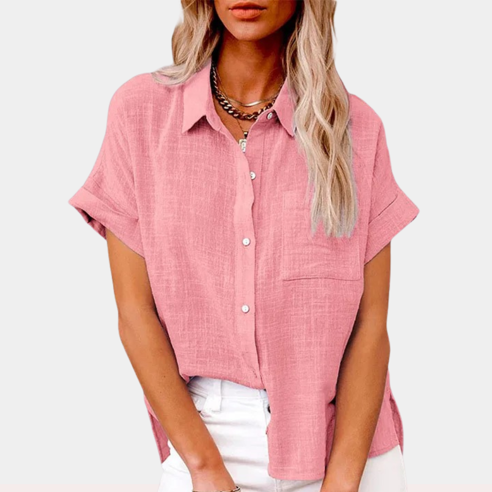 Monika - Løs pasform bluse med korte ærmer og knapper Lundbutik