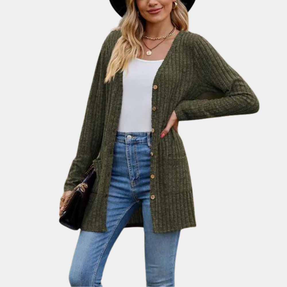 Laura - Casual langærmet cardigan med knapper og lommer Lundbutik