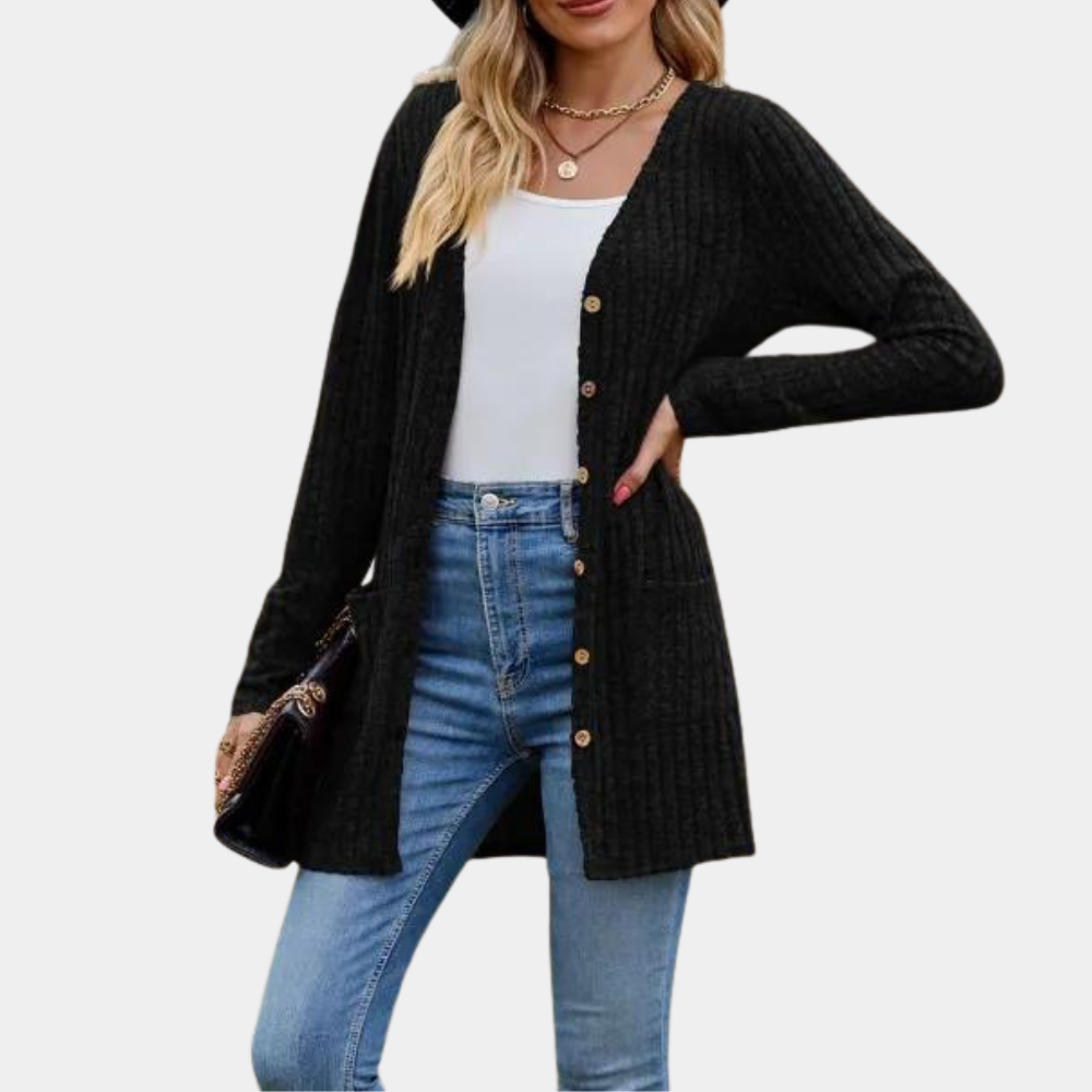 Laura - Casual langærmet cardigan med knapper og lommer Lundbutik