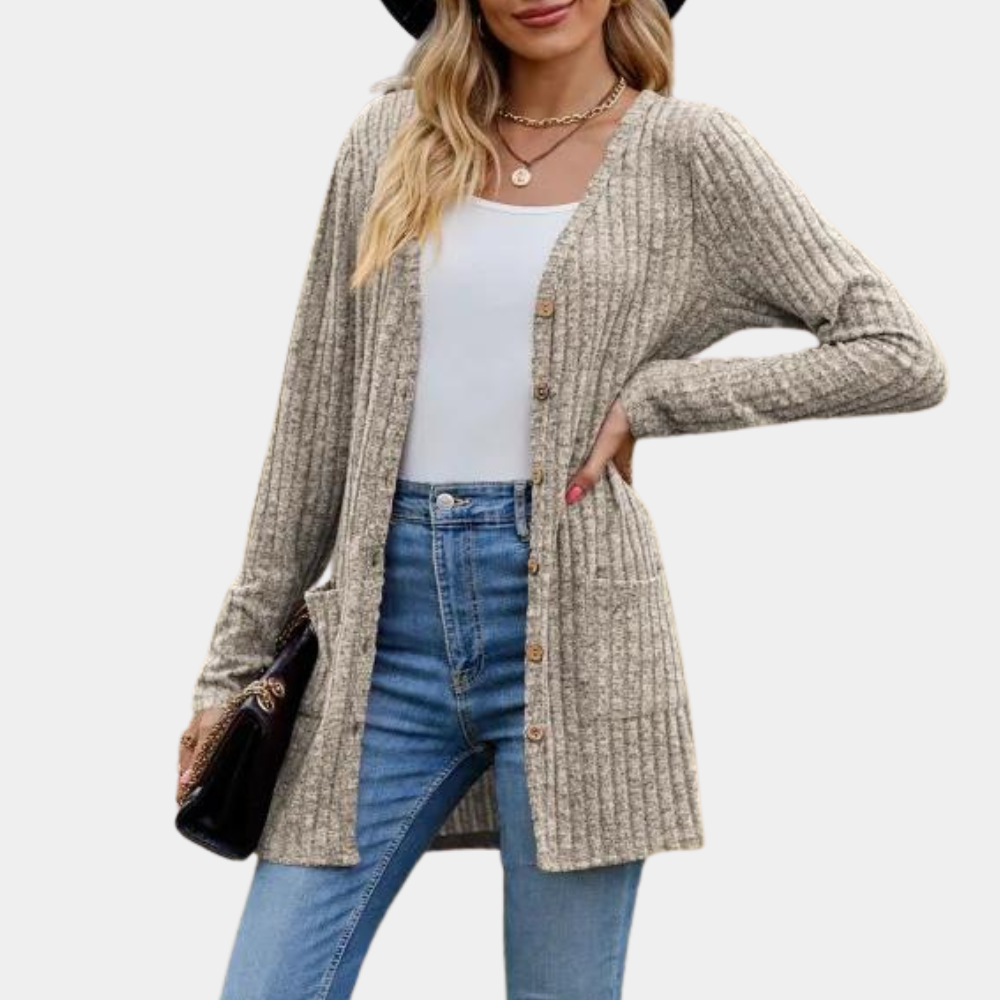 Laura - Casual langærmet cardigan med knapper og lommer Lundbutik