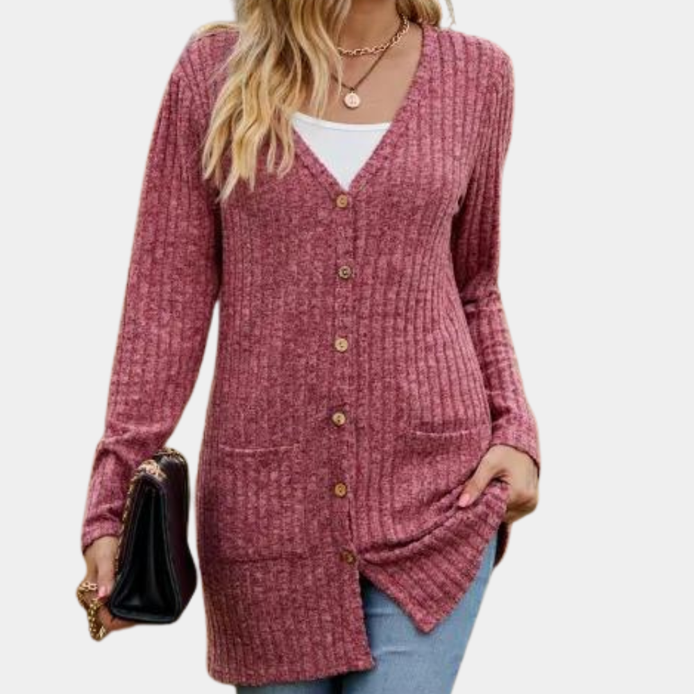 Laura - Casual langærmet cardigan med knapper og lommer Lundbutik