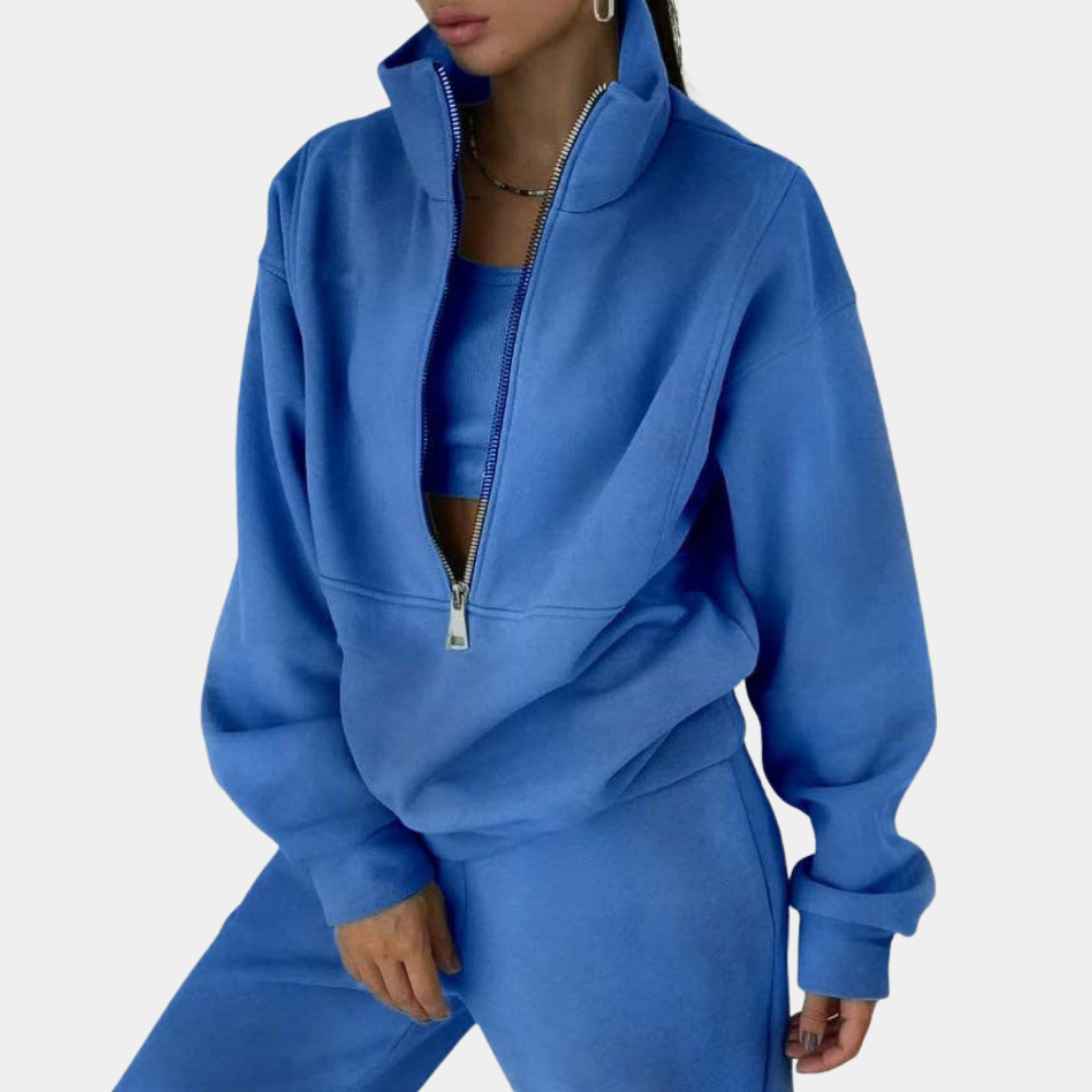 Selma - Langærmet sweatshirt med lynlås og højtaljede bukser todelt sæt Lundbutik