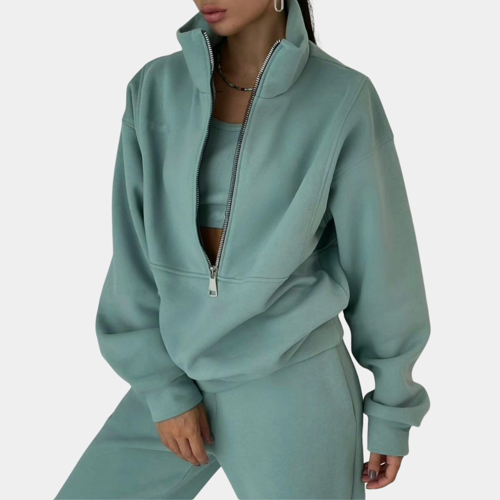 Selma - Langærmet sweatshirt med lynlås og højtaljede bukser todelt sæt Lundbutik